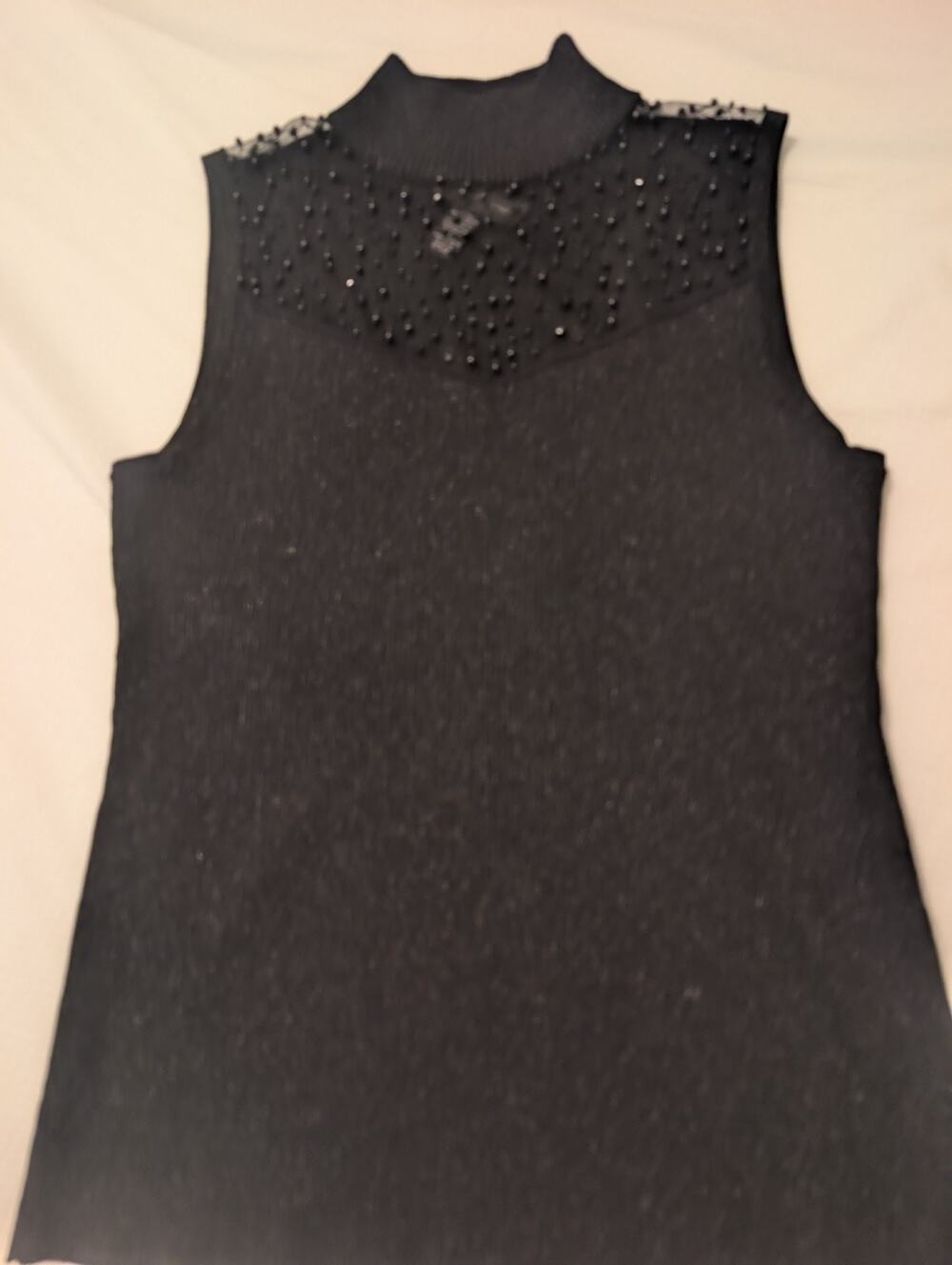 CABLE & GAUGE Sz L Black Silk Blend High Mock Neck Ribbed Blouse, sheer neckline